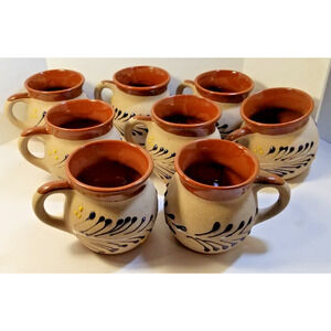 Mexican Hand Painted Blue & Brown Folk Art Pottery 8 Coffee Cup Mugs